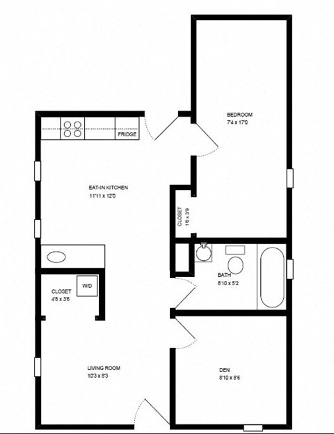Floor plan for 1 bed, 1 bath, 750 sqft
